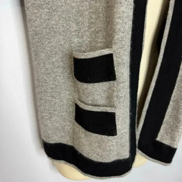 Neiman Marcus Cashmere Grey Black Trim Cardigan Sweater Feminist Luxury Womens L - Picture 2 of 9